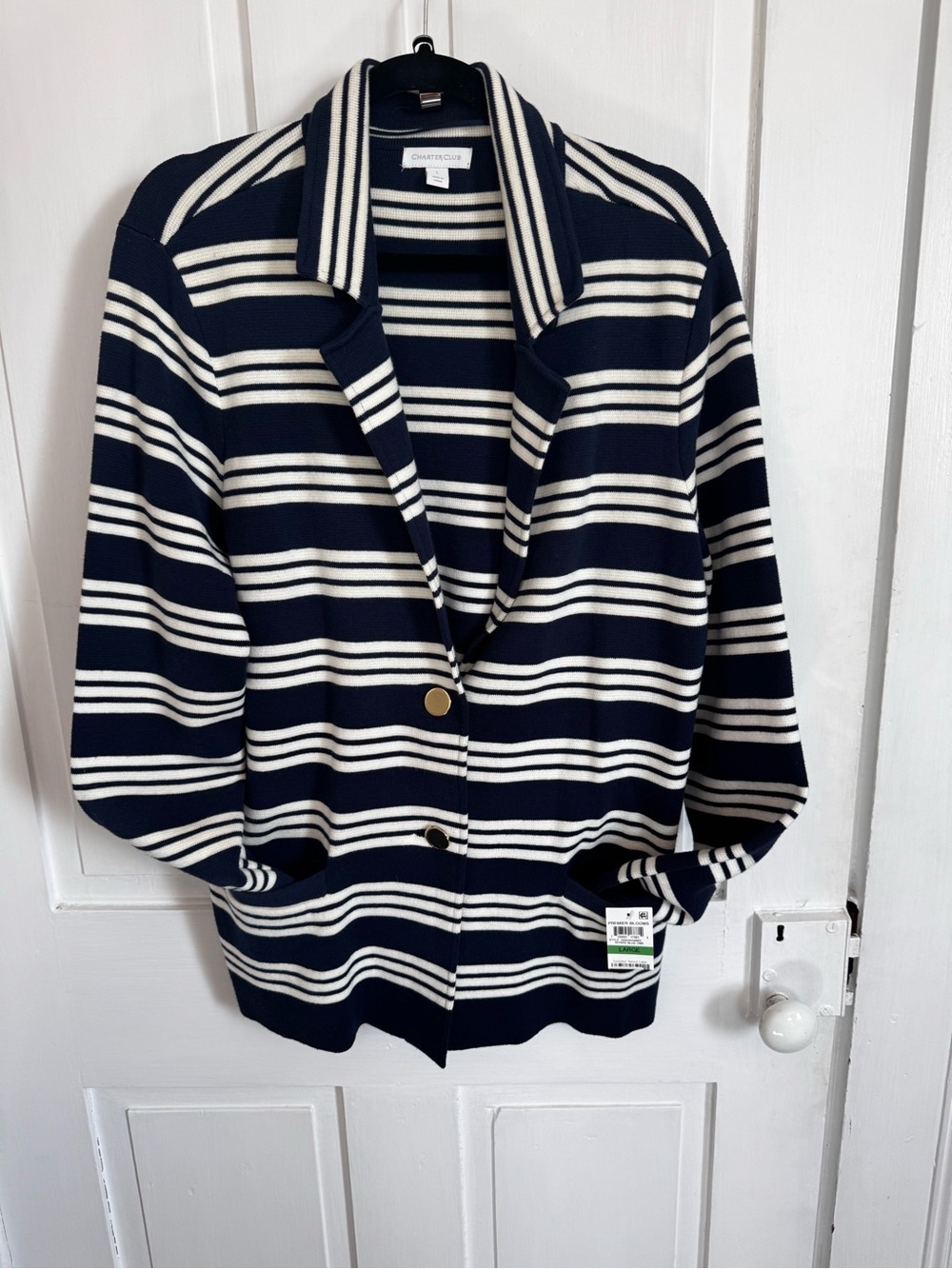 Charter Club Navy & White Striped Knit Blazer Jacket